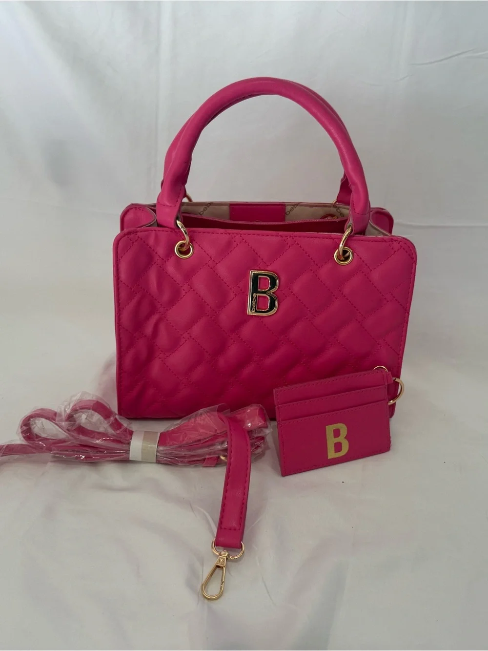 bebe Quilted Satchel in Hot Pink with Gold 'B' Hardware